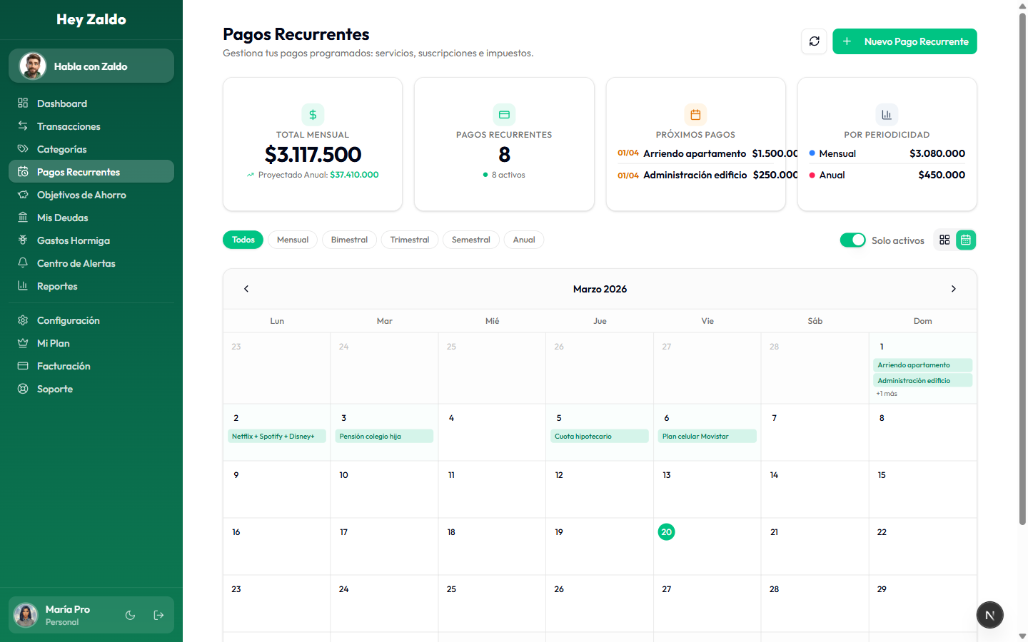 Calendario de pagos recurrentes