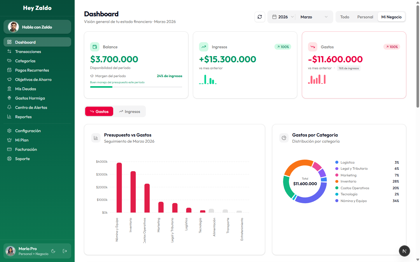 Dashboard filtrado por Mi Negocio