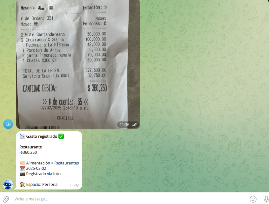 Registro de gasto por foto de recibo en Telegram