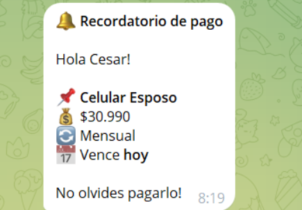 Recordatorio de pago en Telegram