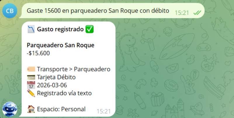 Registro de gasto por texto en Telegram