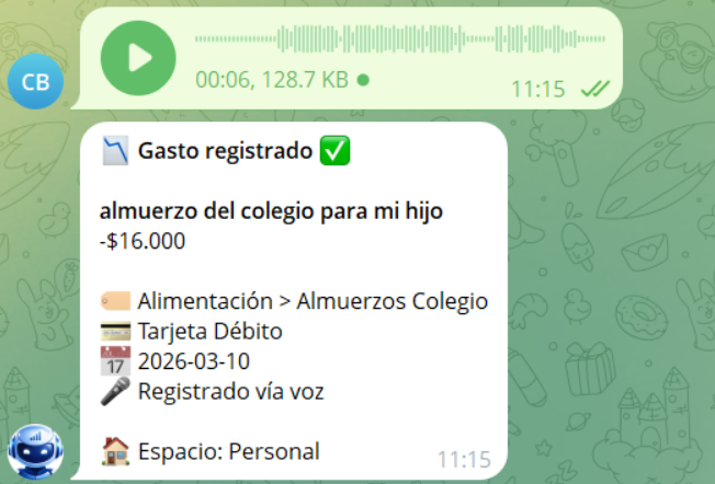 Registro de gasto por nota de voz en Telegram