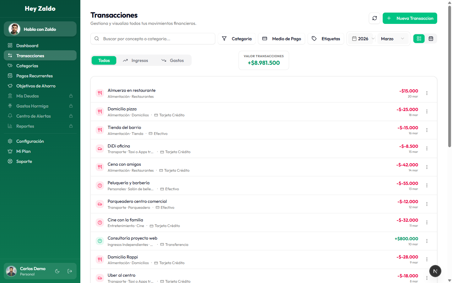 Lista de transacciones